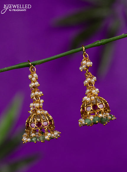 Antique hanging type jhumka with ruby & cz stones and pearl hangings