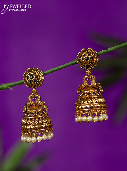 Antique jhumka peacock design with kemp stones and pearl hangings