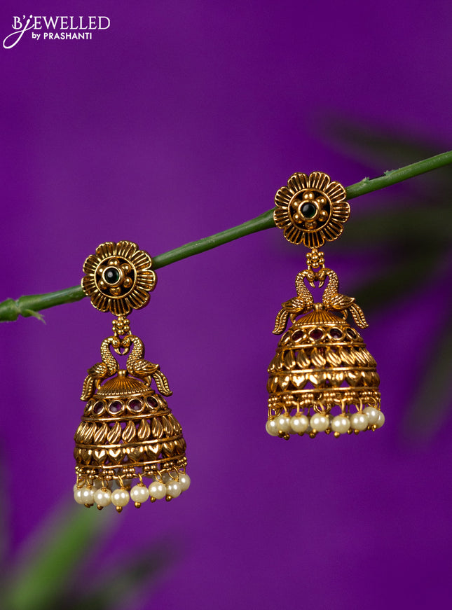 Antique jhumka peacock design with kemp stones and pearl hangings