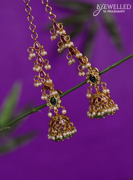 Antique jhumka with kemp & cz stones and pearl & mint green beads hangings