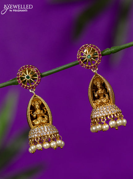 Antique jhumka lakshmi design with kemp & cz stones and pearl hangings
