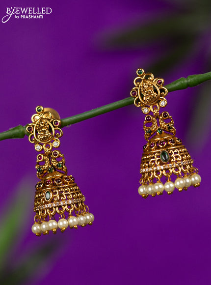 Antique jhumka lakshmi design with kemp & cz stones and pearl hangings