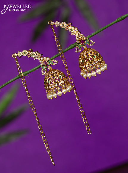Antique jhumka with kemp & cz stones and pearl hangings