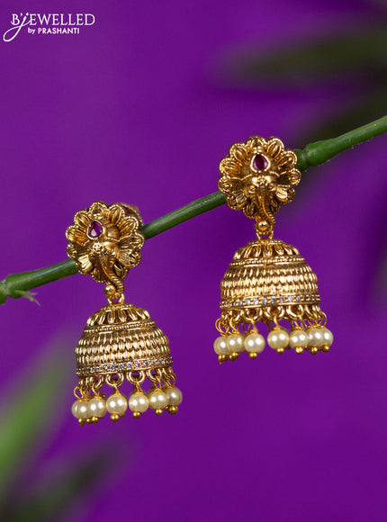 Antique jhumka ganesha design with ruby & cz stones and pearl hangings