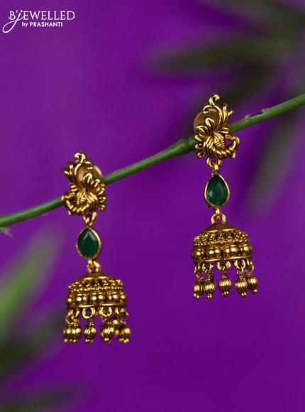 Antique jhumka peacock design with emerald stones and golden beads hangings