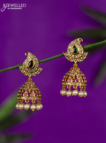 Antique jhumka manga pattern with kemp & cz stones and pearl hangings