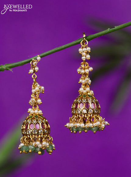 Antique hanging type jhumka with kemp & cz stones and pearl & mint green beads hangings