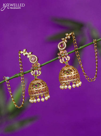 Antique jhumka with kemp & cz stones and pearl hangings