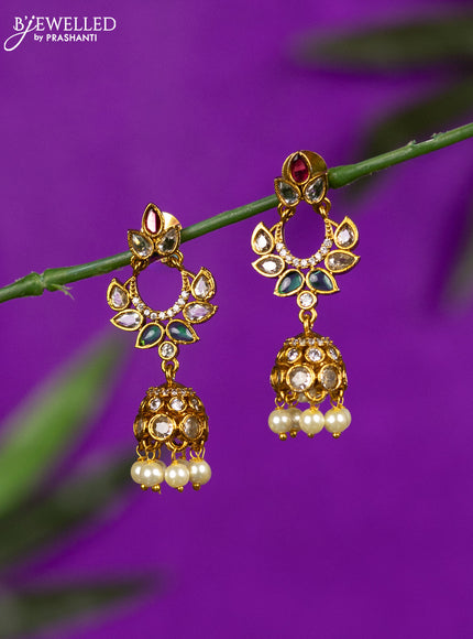 Antique jhumka with kemp & cz stones and pearl hangings