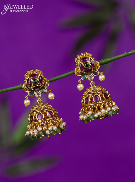Antique jhumka with kemp stones and pearl hangings