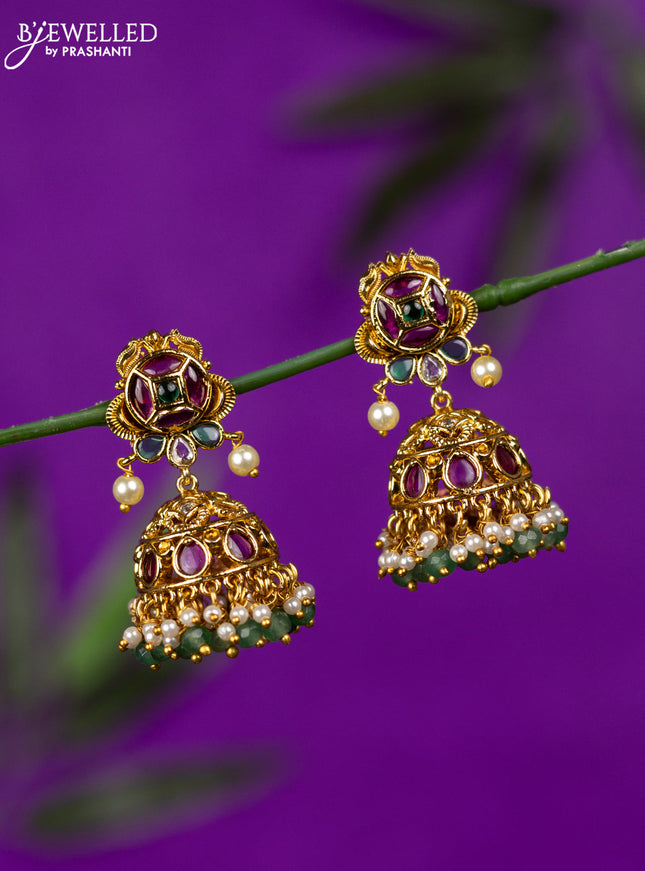 Antique jhumka with kemp stones and pearl hangings