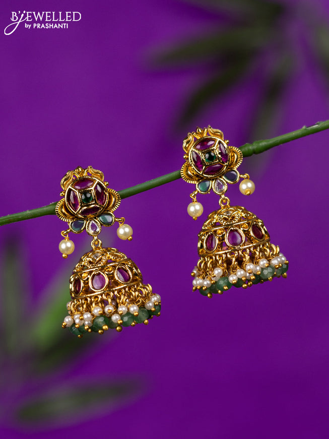 Antique jhumka with kemp stones and pearl hangings