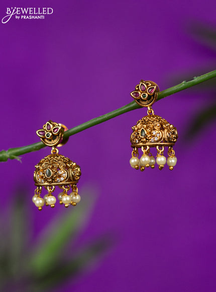 Antique jhumka with kemp & cz stones and pearl hangings