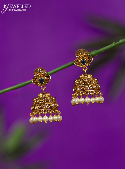 Antique jhumka with kemp & cz stones and pearl hangings