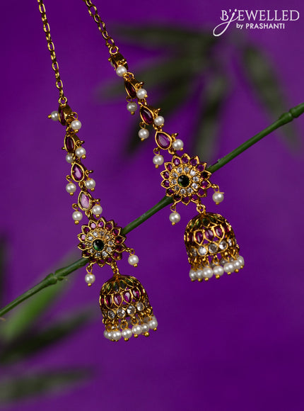 Antique jhumka with kemp & cz stones and pearl hangings