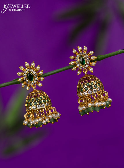 Antique jhumka with kemp & cz stones and pearl & mint green beads hangings