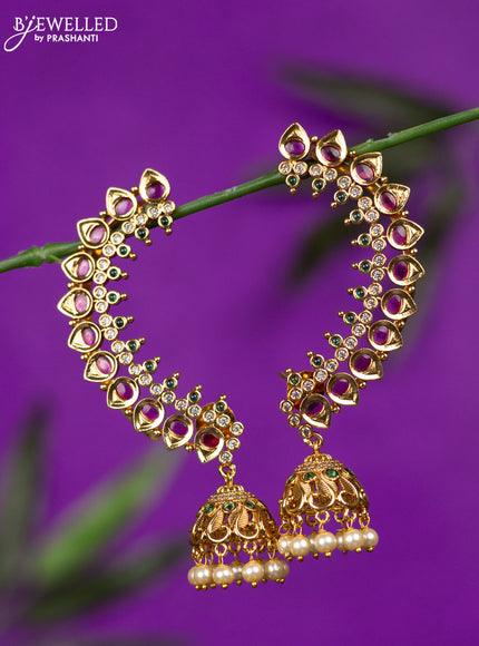 Antique earcuff jhumka with kemp & cz stones and pearl hangings