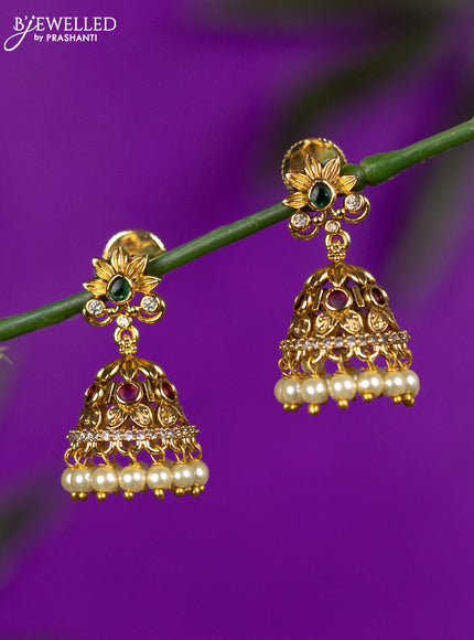 Antique jhumka with kemp & cz stones and pearl hangings