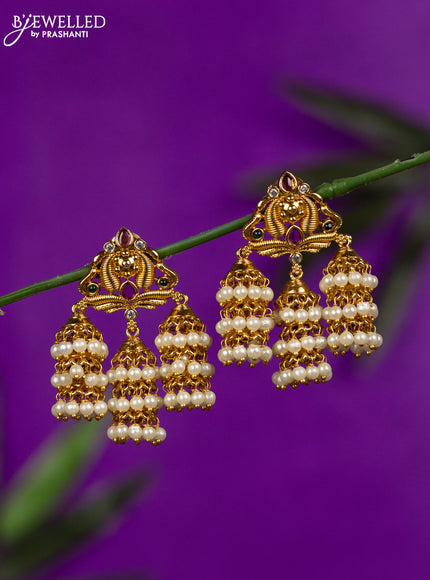 Antique jhumka with kemp & cz stones and pearl hangings