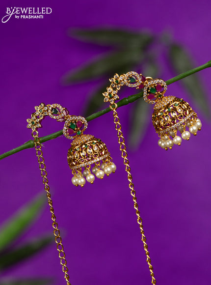 Antique jhumka with kemp & cz stones and pearl hangings
