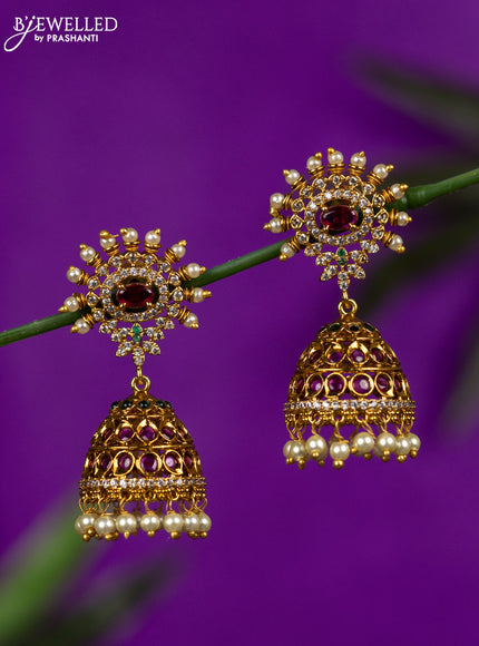 Antique jhumka with kemp & cz stones and pearl hangings