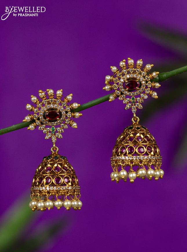 Antique jhumka with kemp & cz stones and pearl hangings