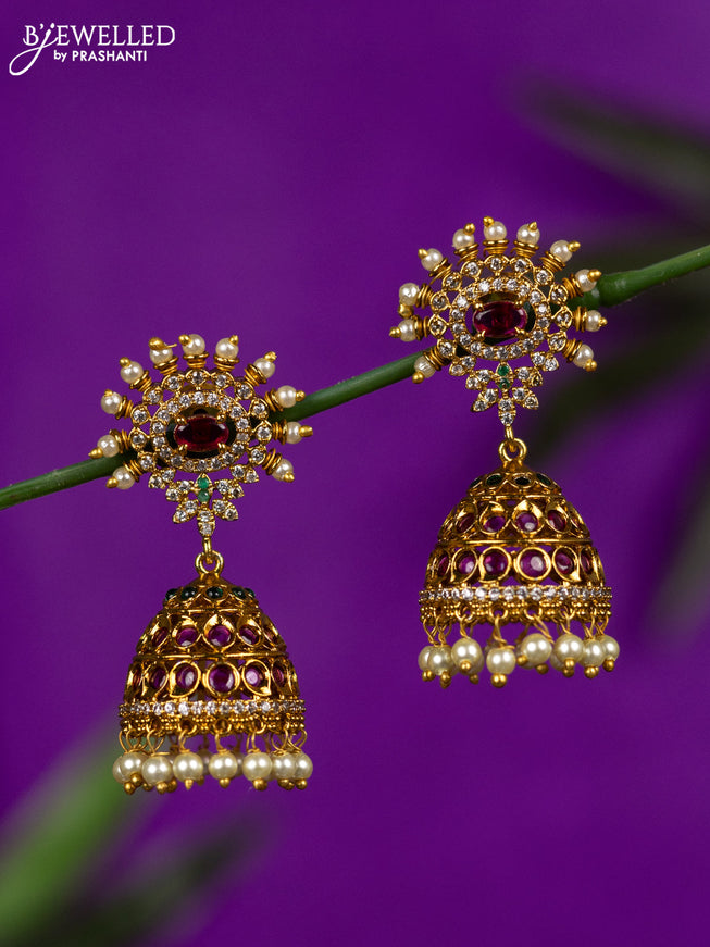 Antique jhumka with kemp & cz stones and pearl hangings