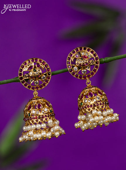 Antique jhumka with kemp & cz stones and pearl hangings