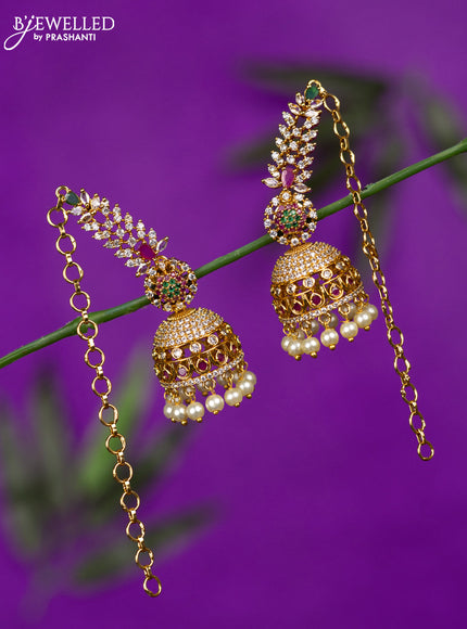 Antique jhumka with kemp & cz stones and pearl hangings