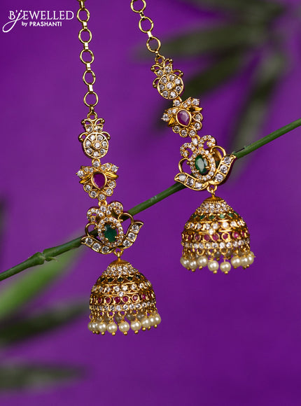 Antique jhumka with kemp & cz stones and pearl hangings