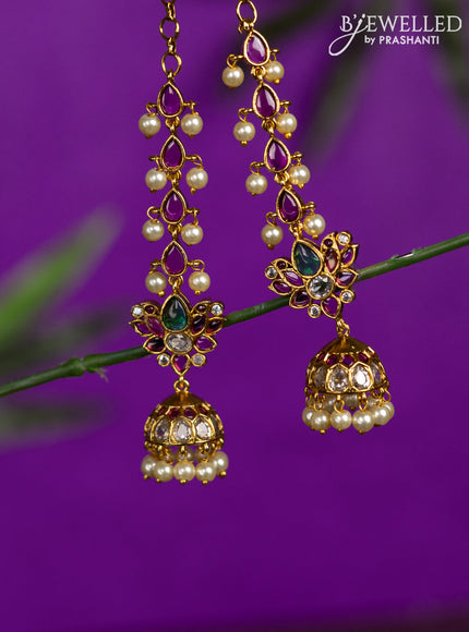 Antique jhumka lotus design with kemp & cz stones and pearl hangings