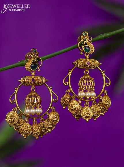 Antique jhumka peacock & lakshmi design with kemp stones and hangings