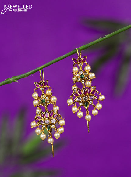 Antique earrings lotus design with kemp & cz stones and pearl hangings