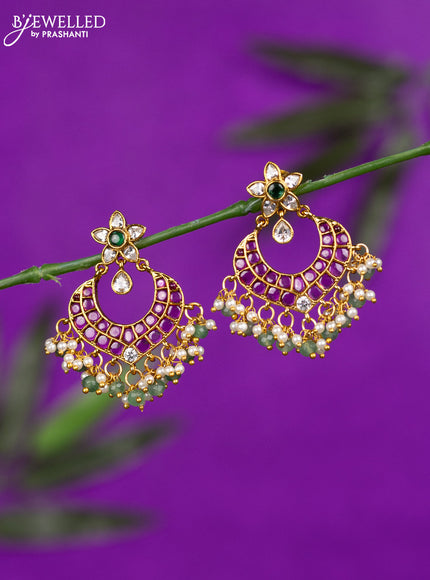Antique earrings with kemp & kundan stones and pearl & mint green beads hangings