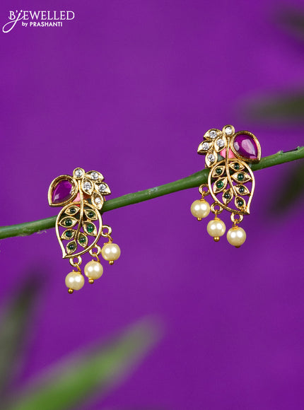 Antique earrings leaf design with kemp & cz stones and pearl hangings