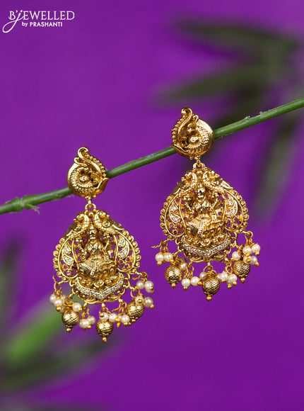Antique earrings lakshmi design with ruby & cz stones and pearl & golden beads hangings