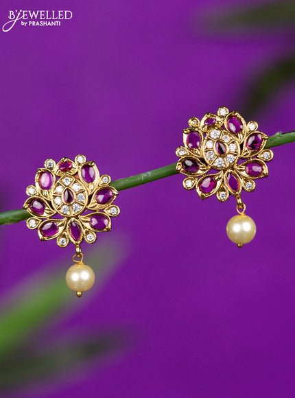 Antique earrings lotus design with ruby & cz stones and pearl hanging
