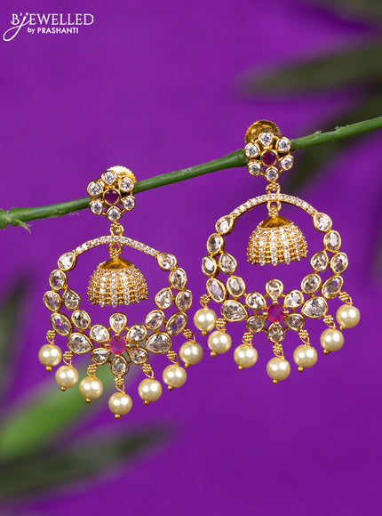 Antique earrings with ruby & cz stones and pearl hangings