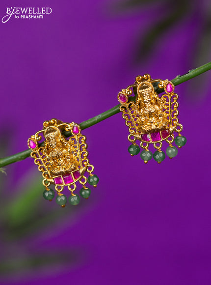 Antique earrings lakshmi design with pink jadau stones and beads hangings