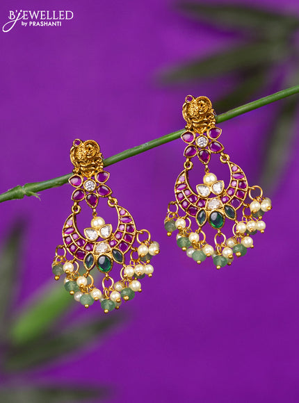 Antique earrings chandbali design with kemp & cz stones and pearl hangings
