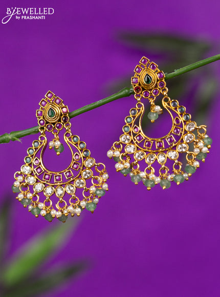 Antique earrings chandbali design with kemp & cz stones and pearl & mint green beads hangings