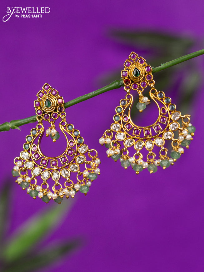 Antique earrings chandbali design with kemp & cz stones and pearl & mint green beads hangings