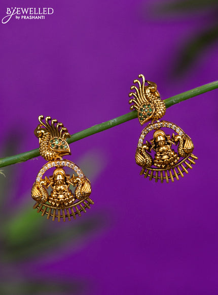 Antique earrings peacock & lakshmi design with emerald and cz stones