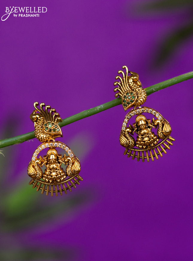 Antique earrings peacock & lakshmi design with emerald and cz stones
