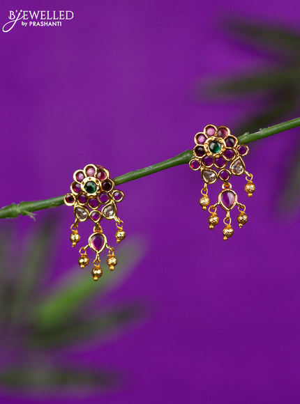 Antique earrings with kemp & cz stones and golden beads hangings