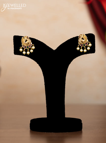 Pearl multilayer haaram peacock design with kemp & cz stones and pearl hangings