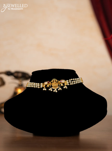 Pearl choker lakshmi design with kemp & cz stones and pearl hangings