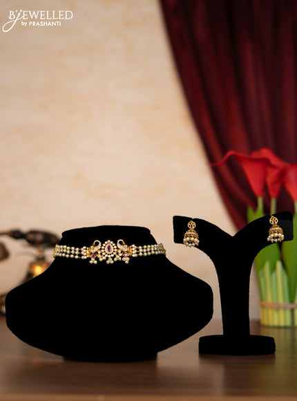 Pearl choker elephant design with kemp & cz stones and pearl hangings