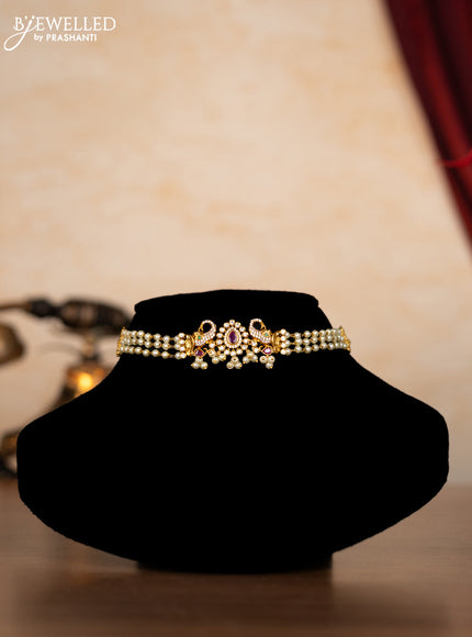 Pearl choker elephant design with kemp & cz stones and pearl hangings