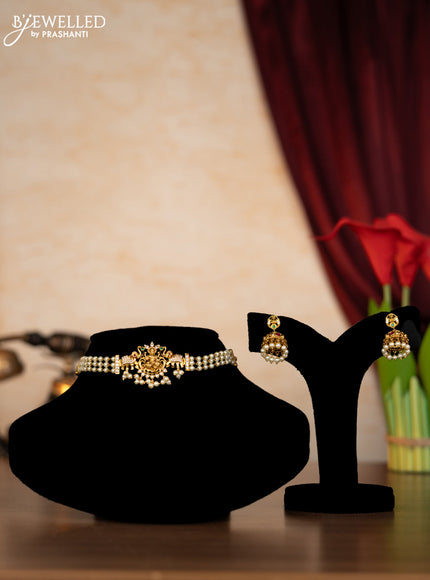 Pearl choker lakshmi design with kemp & cz stones and pearl hangings